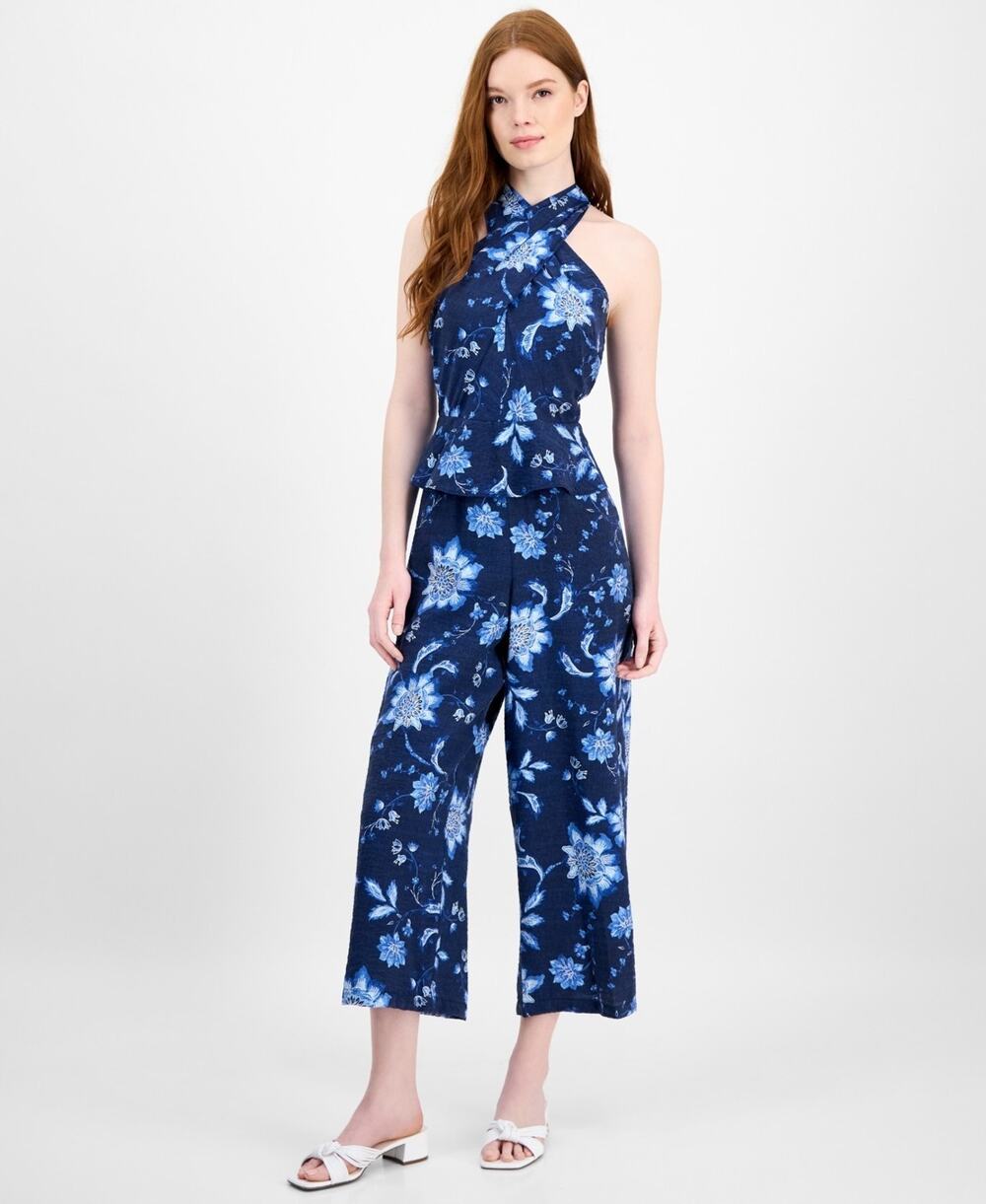 Tommy Hilfiger Jumpsuit Women 18 Navy Floral Peplum Trim Halter Neck Cottage NWT